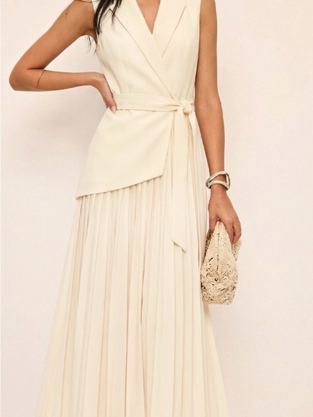 Sleeveless V-Neck Pleated Maxi Dress in Cream